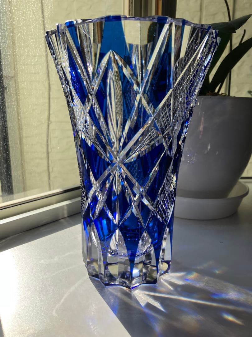 昭和レトロ◆江戸切子◆花器 花瓶◆昭和後期◆青被せ カットガラス
