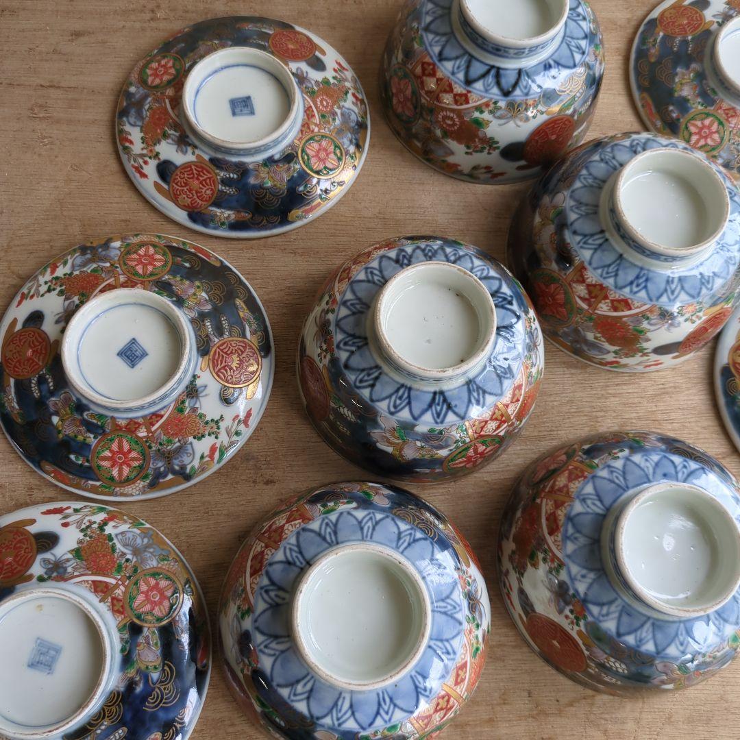 骨董 古伊万里 染錦 蓋茶碗 茶碗 煮物碗 色絵 アンティーク 5つ〜