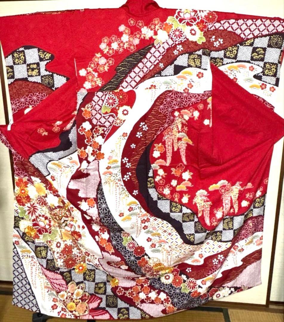 赤 吉祥文様 華 振袖 身丈161