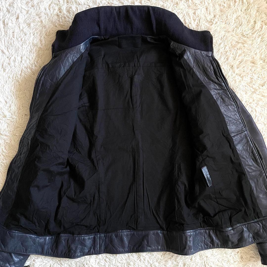 【美品】ジュンハシモト インナーライダースジャケット 牛革 シワ加工 紺 M