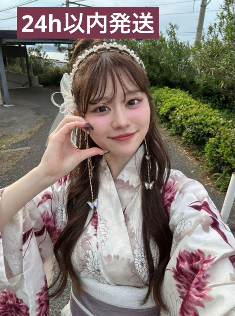 GRL グレイル　浴衣+帯留+兵児帯セット　ダリア柄　花柄　白　tu1496