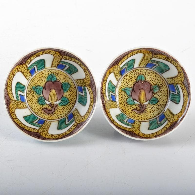 九谷焼　二代徳田八十吉造　青手　椿文　盃　一對　共箱　V　R4720