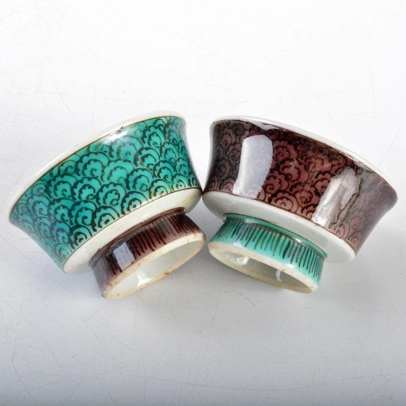 九谷焼　二代徳田八十吉造　青手　椿文　盃　一對　共箱　V　R4720