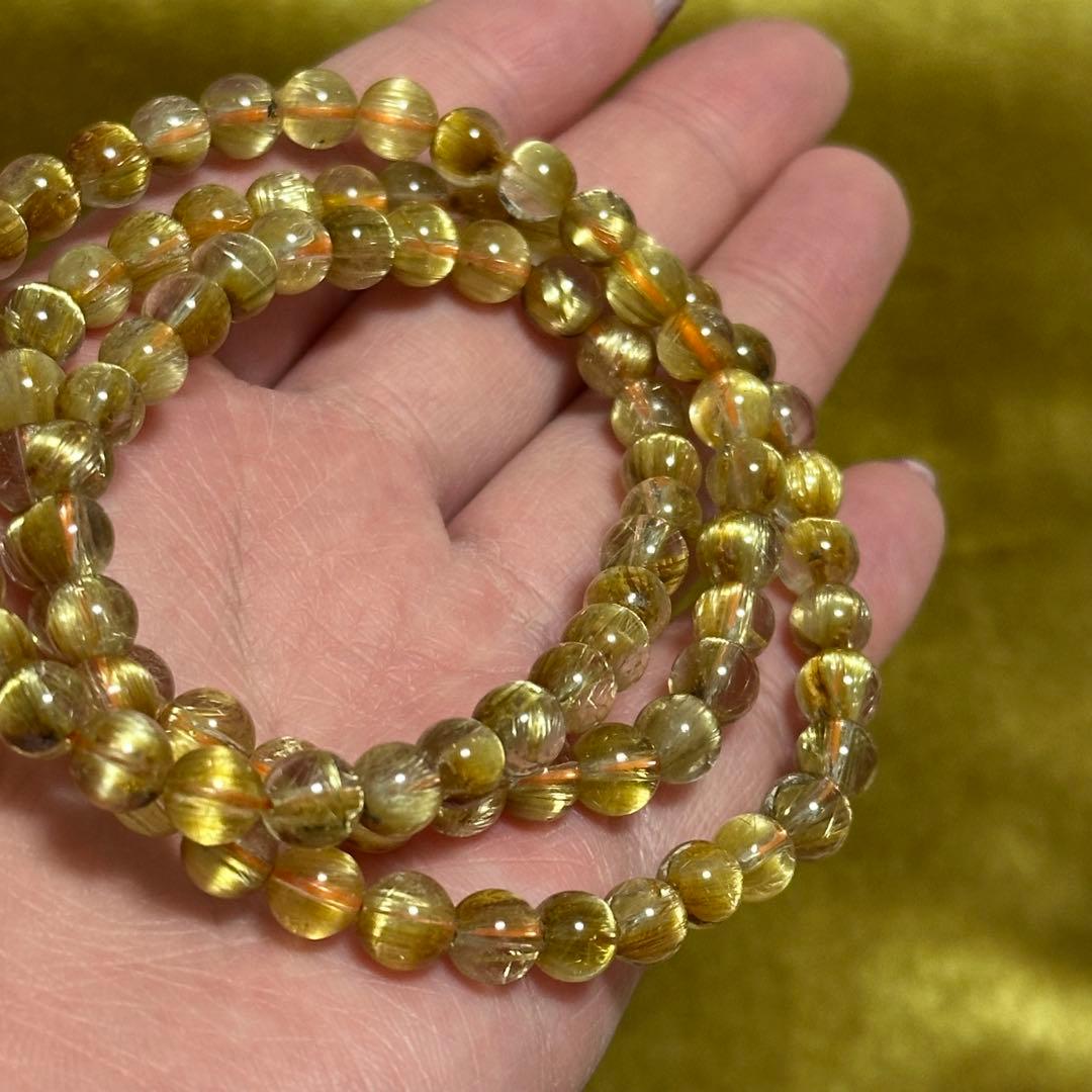 最高品質 タイチン ルチルクォーツ 3連 ブレスレット 一点物 6mm 天然石