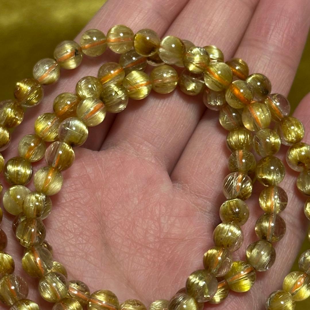 最高品質 タイチン ルチルクォーツ 3連 ブレスレット 一点物 6mm 天然石