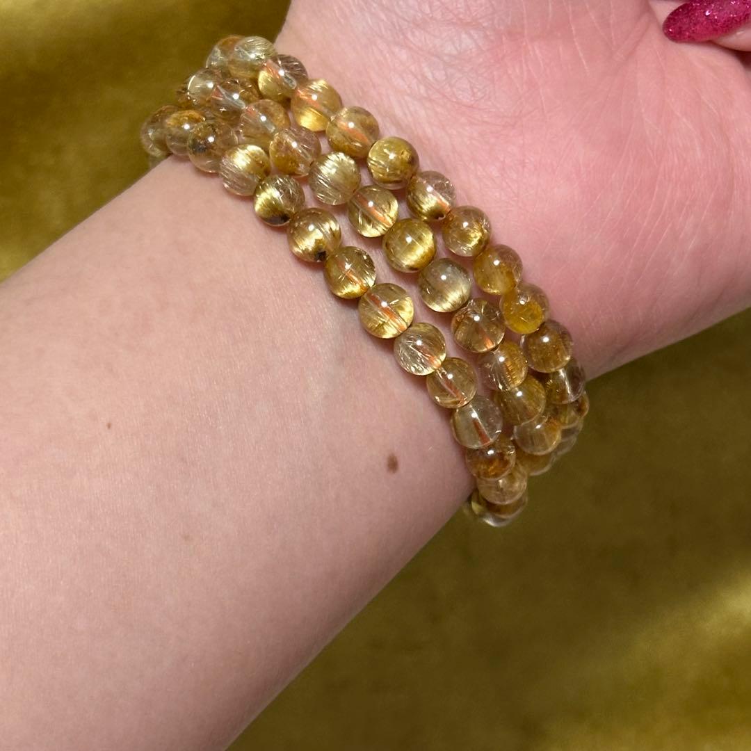 最高品質 タイチン ルチルクォーツ 3連 ブレスレット 一点物 6mm 天然石