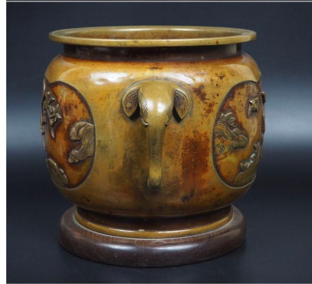 送料無料　高肉彫　江戸時代宣徳銅花鳥文彫刻火鉢　②