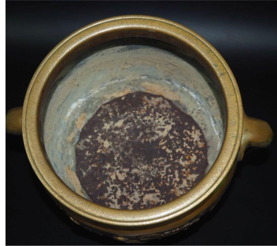 送料無料　高肉彫　江戸時代宣徳銅花鳥文彫刻火鉢　②