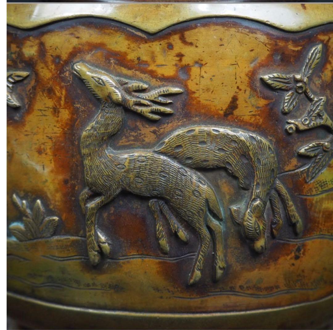 送料無料　高肉彫　江戸時代宣徳銅花鳥文彫刻火鉢　②