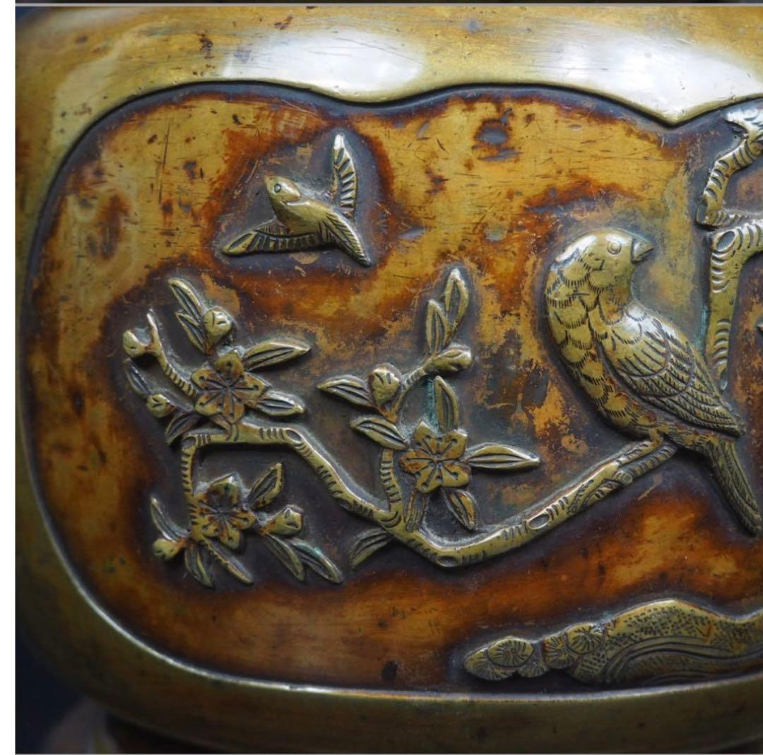 送料無料　高肉彫　江戸時代宣徳銅花鳥文彫刻火鉢　②