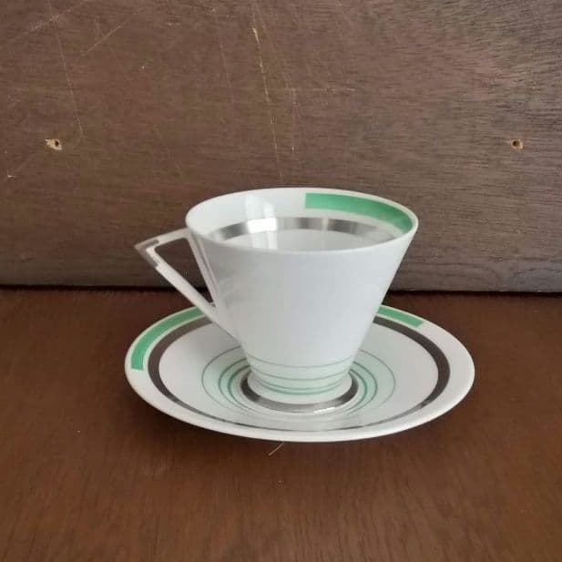 逸品　 シェリー　カッブ＆ソーサー　アールデコ　銀彩幾何学模様アンティーク