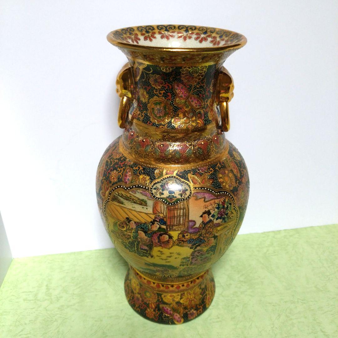 薩摩焼　武士　武将　花蝶　色彩　花瓶　壺　骨董品　豪華絢爛　高さ36cm
