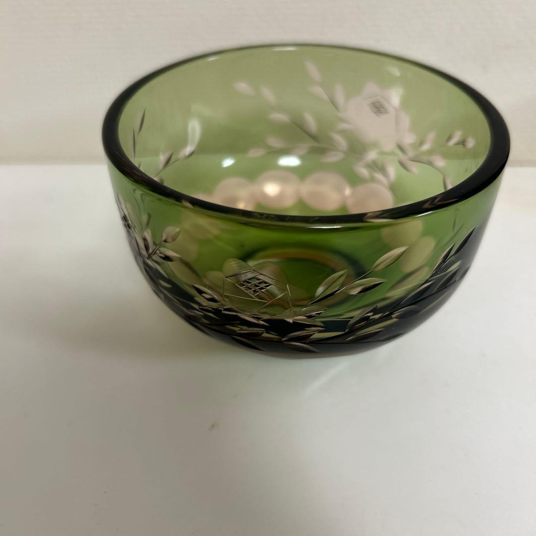 ぴ*ん様 ぎやまん　義山　北一ガラス　切子　抹茶椀　グリーン×ピンク