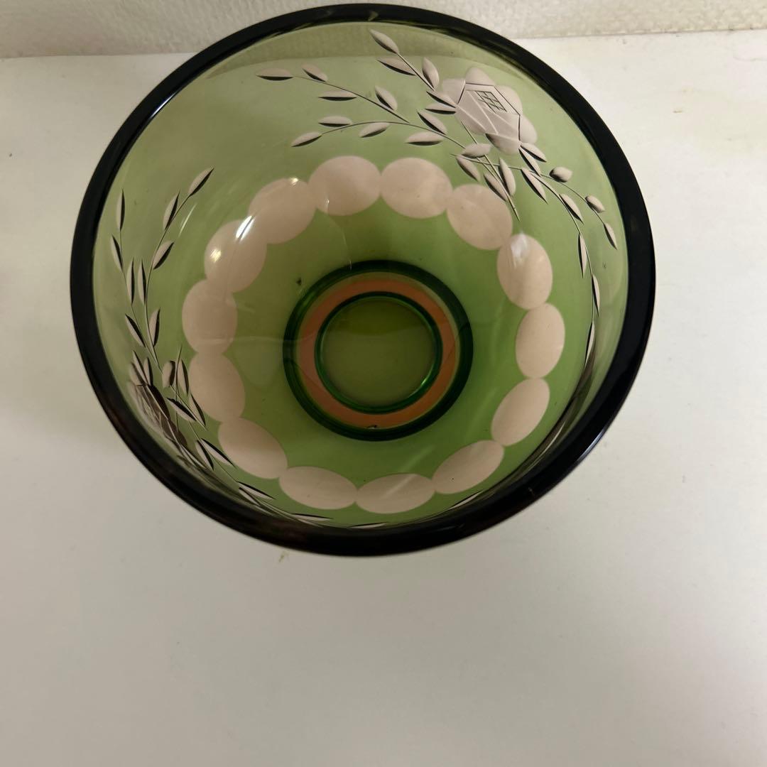 ぴ*ん様 ぎやまん　義山　北一ガラス　切子　抹茶椀　グリーン×ピンク