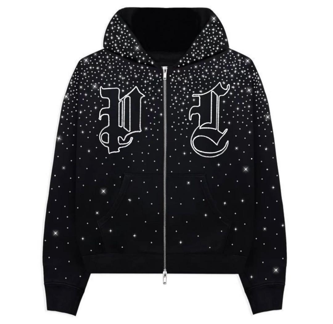 トップス Pain Love Rhinestone Double Zip Hoodie