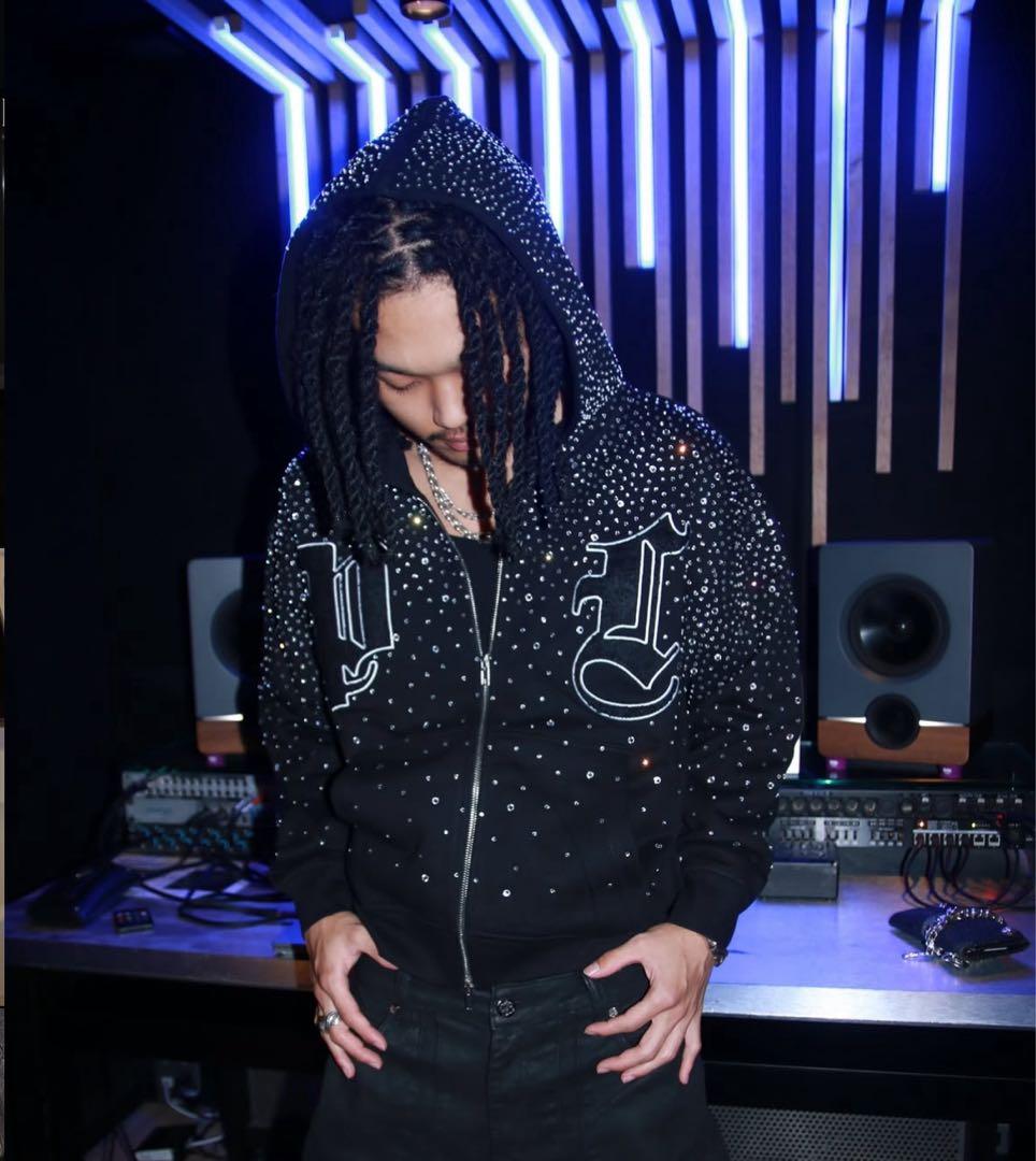 トップス Pain Love Rhinestone Double Zip Hoodie