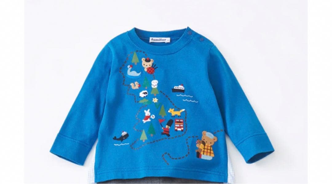 ファミリア　青い長袖Tシャツ 動物刺繍 90cm