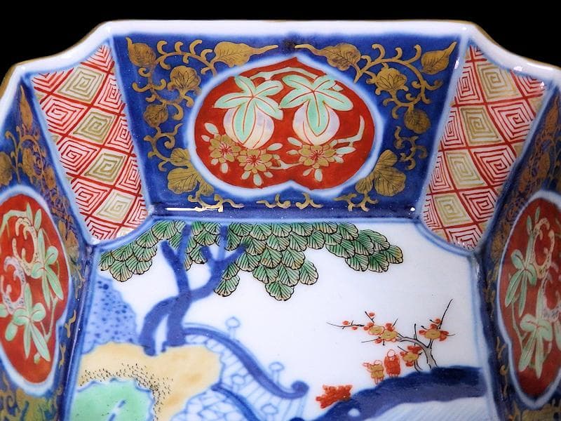 大聖寺伊万里　金襴手　桃に柘榴　大樹に欄干の図　四方角向付　E101AS-CQi