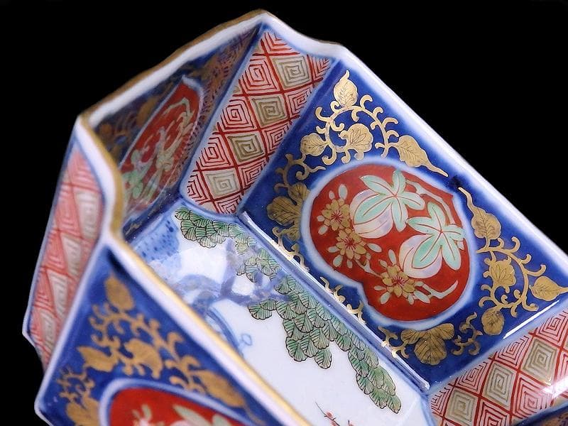 大聖寺伊万里　金襴手　桃に柘榴　大樹に欄干の図　四方角向付　E101AS-CQi