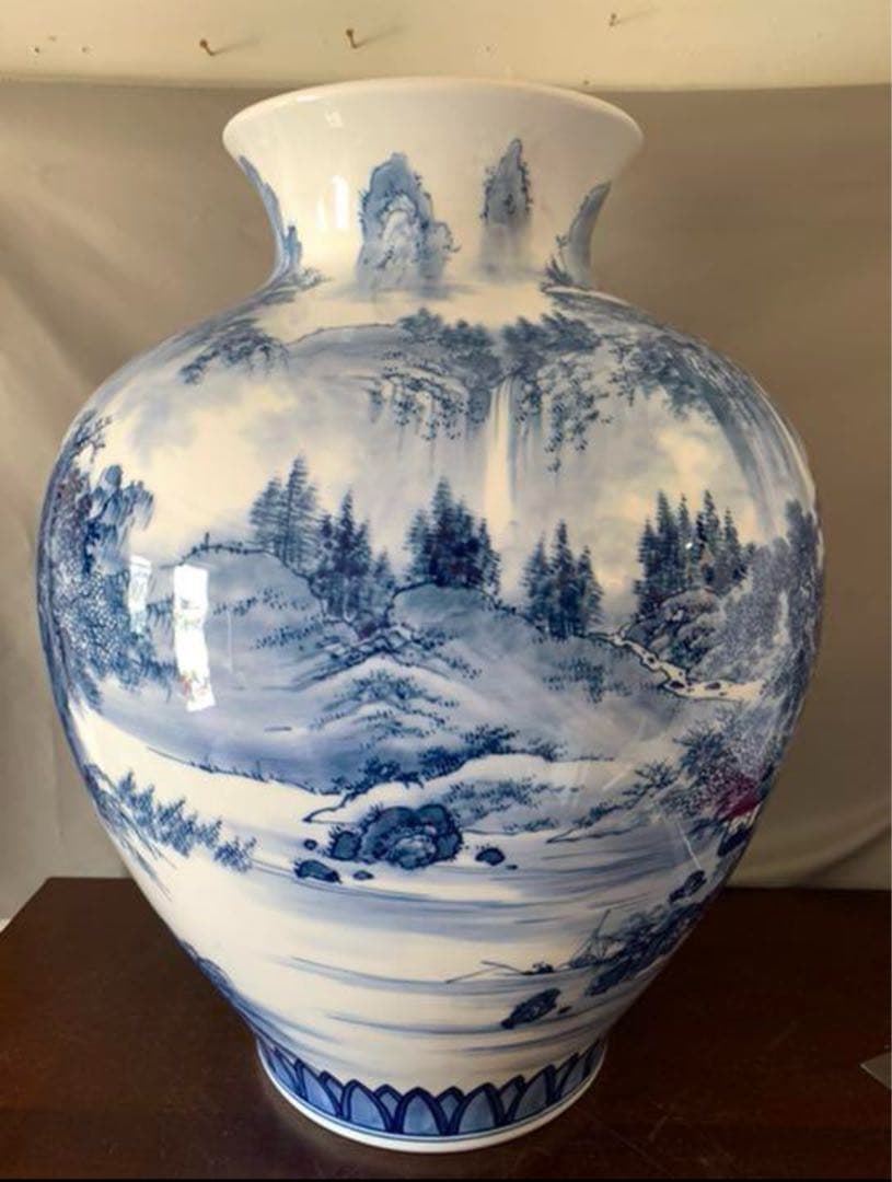【希少品】古美術　大花瓶　精描かれた山水画青花染付け