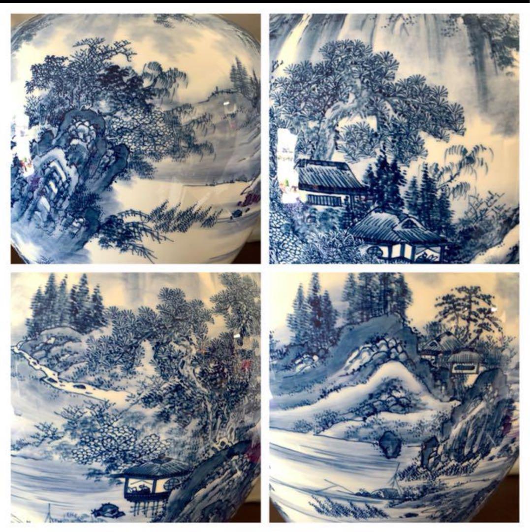 【希少品】古美術　大花瓶　精描かれた山水画青花染付け