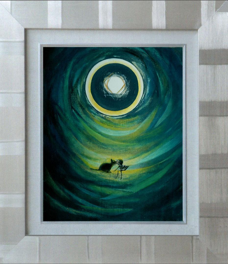 油絵 菅家令子絵 絵画インテリア額付(青緑＋金色の枠)F3-031119猫女の子