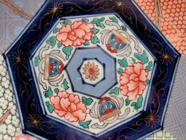 大皿■鳳凰幾何学模様色絵皿 7角花唐草紋 古伊万里 赤絵 時代物 古い骨董品■