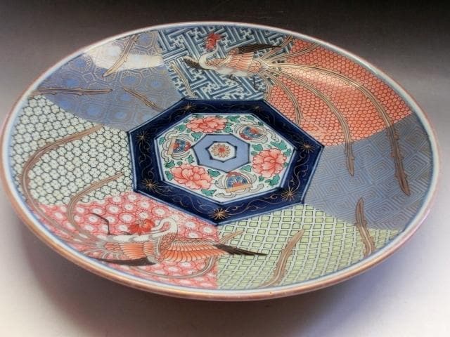 大皿■鳳凰幾何学模様色絵皿 7角花唐草紋 古伊万里 赤絵 時代物 古い骨董品■