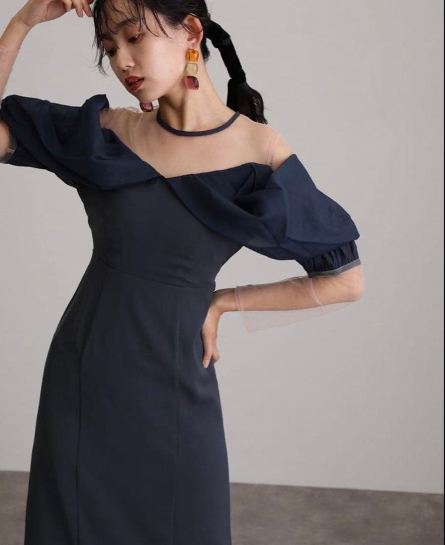ネイビー オフショルダー パーティードレス
