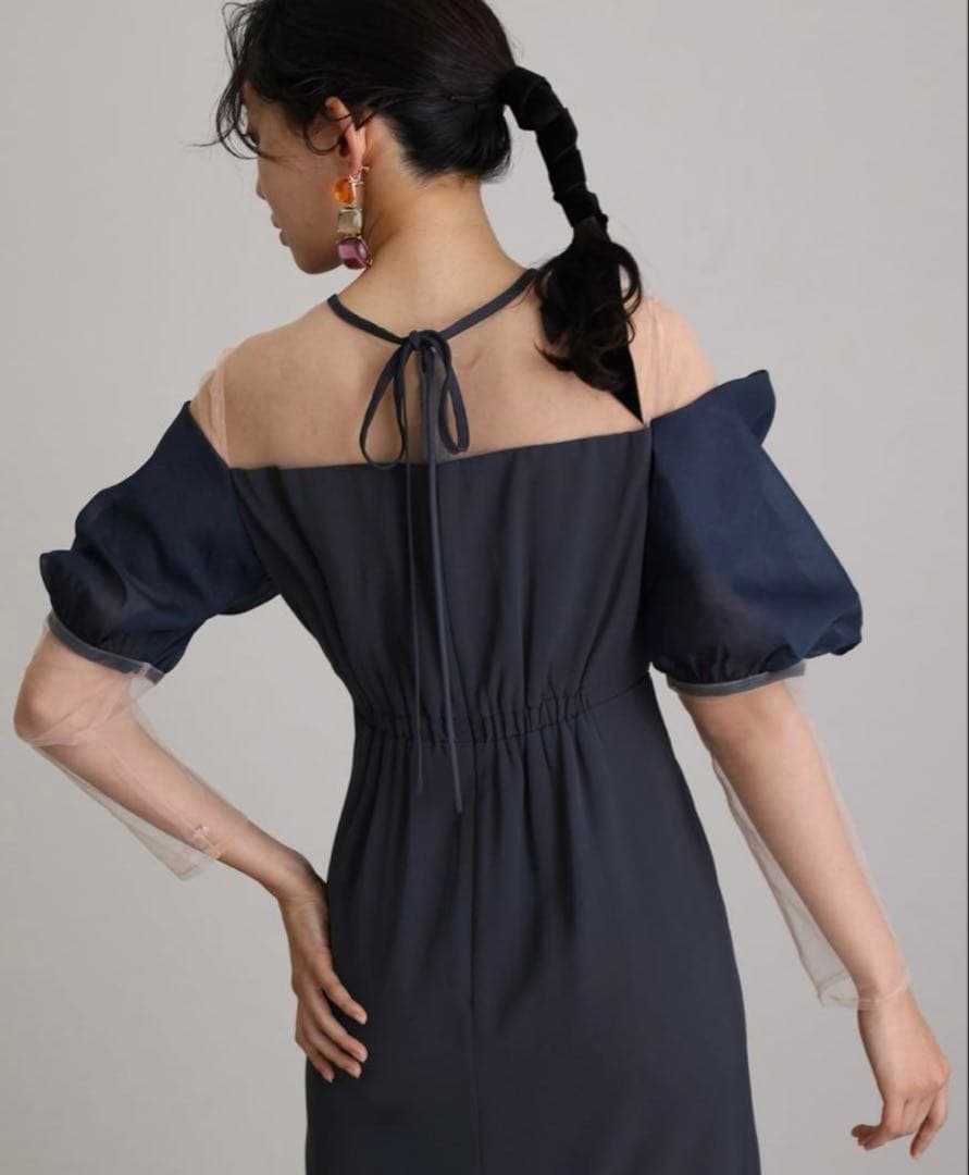 ネイビー オフショルダー パーティードレス