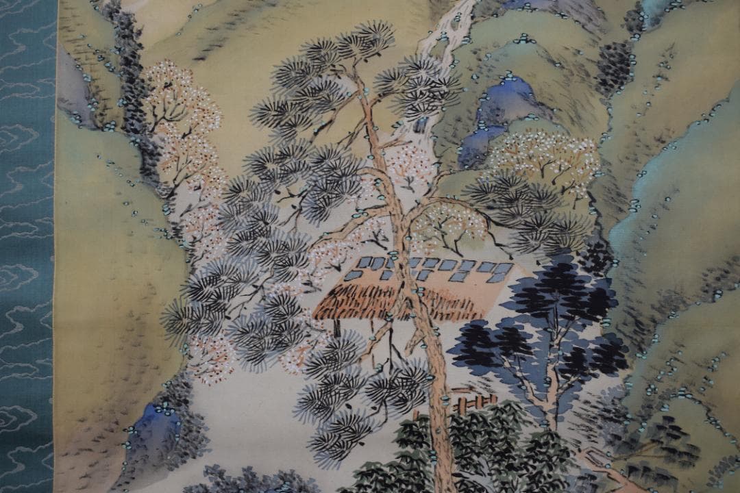 作者不詳/桜花山水画賛/掛軸☆宝船☆Z-380