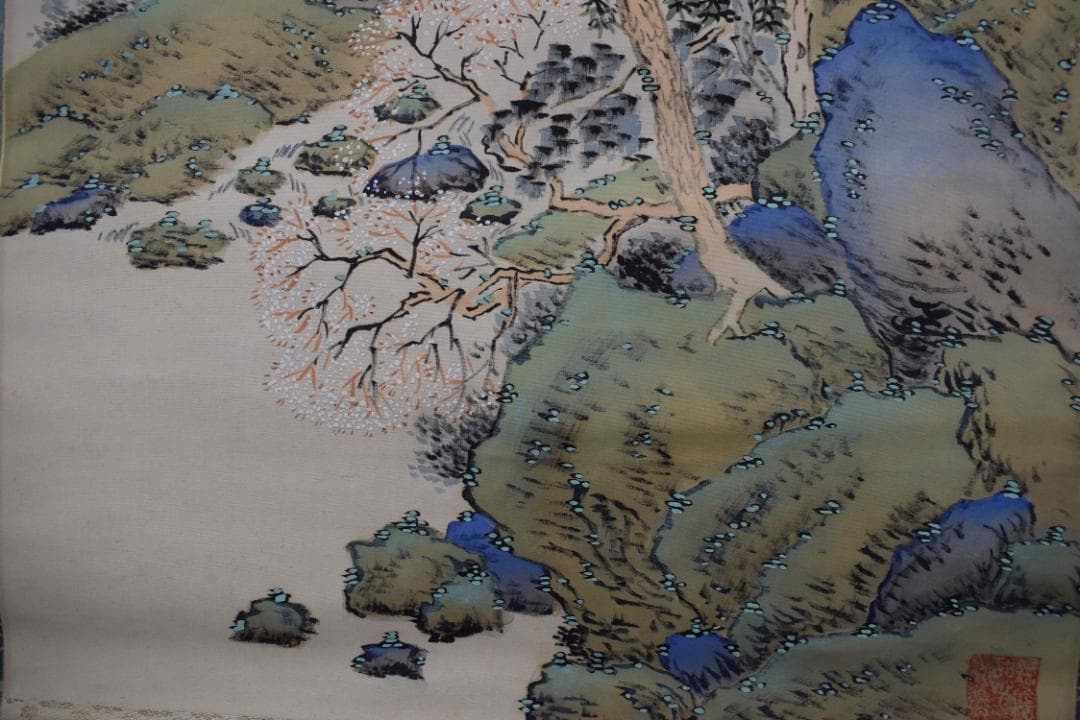 作者不詳/桜花山水画賛/掛軸☆宝船☆Z-380