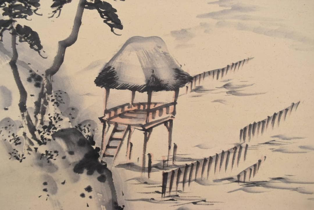 【真作】岡本豊彦/山水図/山水魚見台図/マテ小屋/掛軸☆宝船☆AB-468