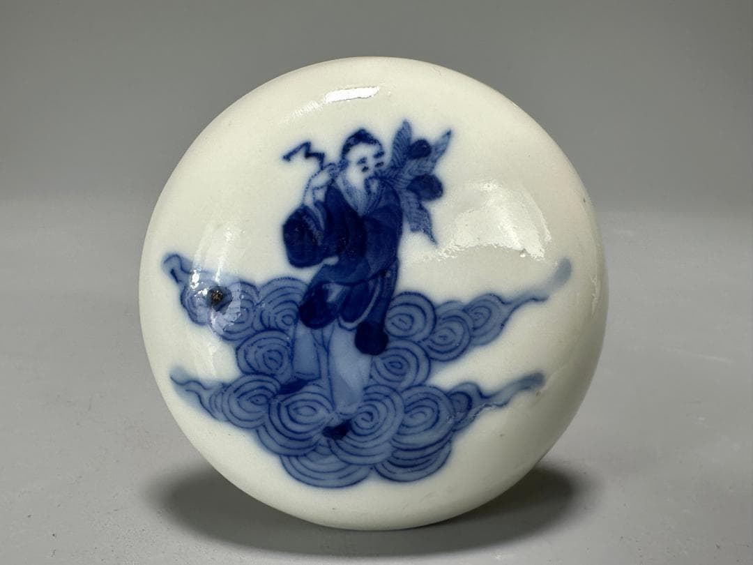 中国美術　清朝　清時代　大清康熙年製　青花人物図香合　染付　蓋物　時代　古物唐物