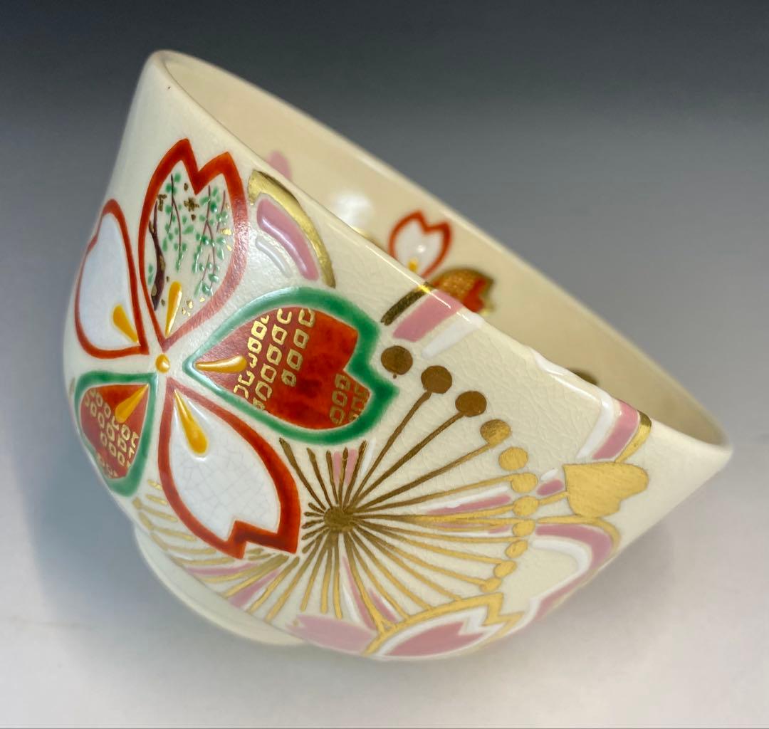 【茶道具】山本蓼造　色絵桜茶盌（共箱）