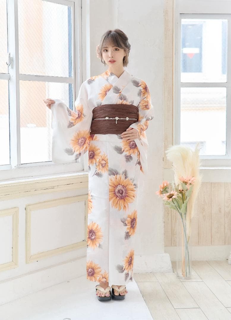 新品 浴衣 セット 浴衣セット ゆかた 大人 レディース 白 向日葵 Y4-53
