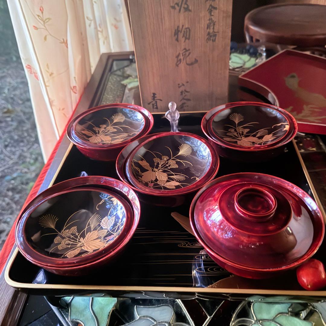 2215様感謝‼️感謝特別価格‼️超絶JAPAN蒔絵あけぼの❌黒蒔絵茶懐石吸物椀5客