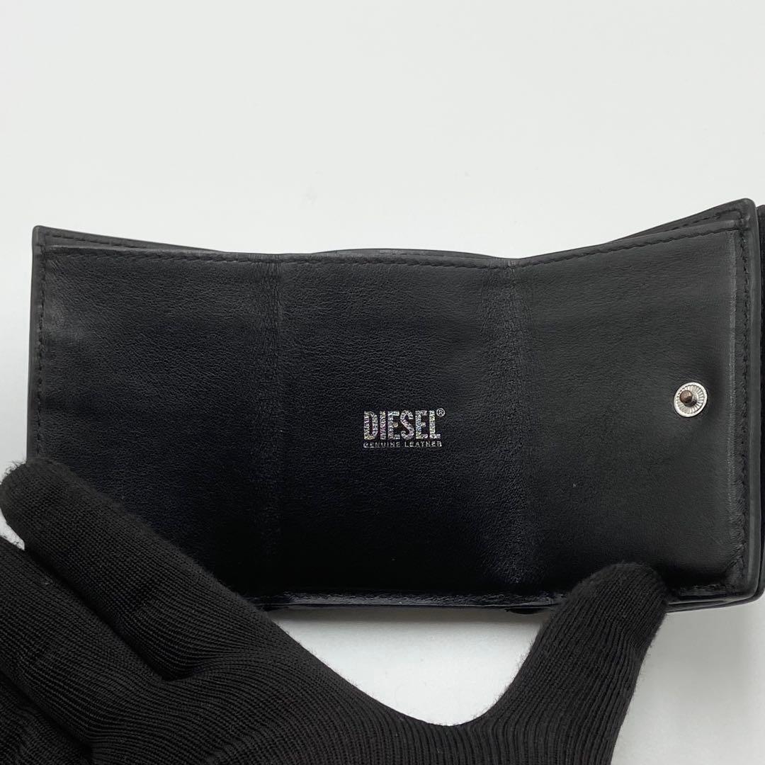 極美品　DISEL 三つ折り財布　1dr オーバル　ロゴ金具　レザー　ブラック