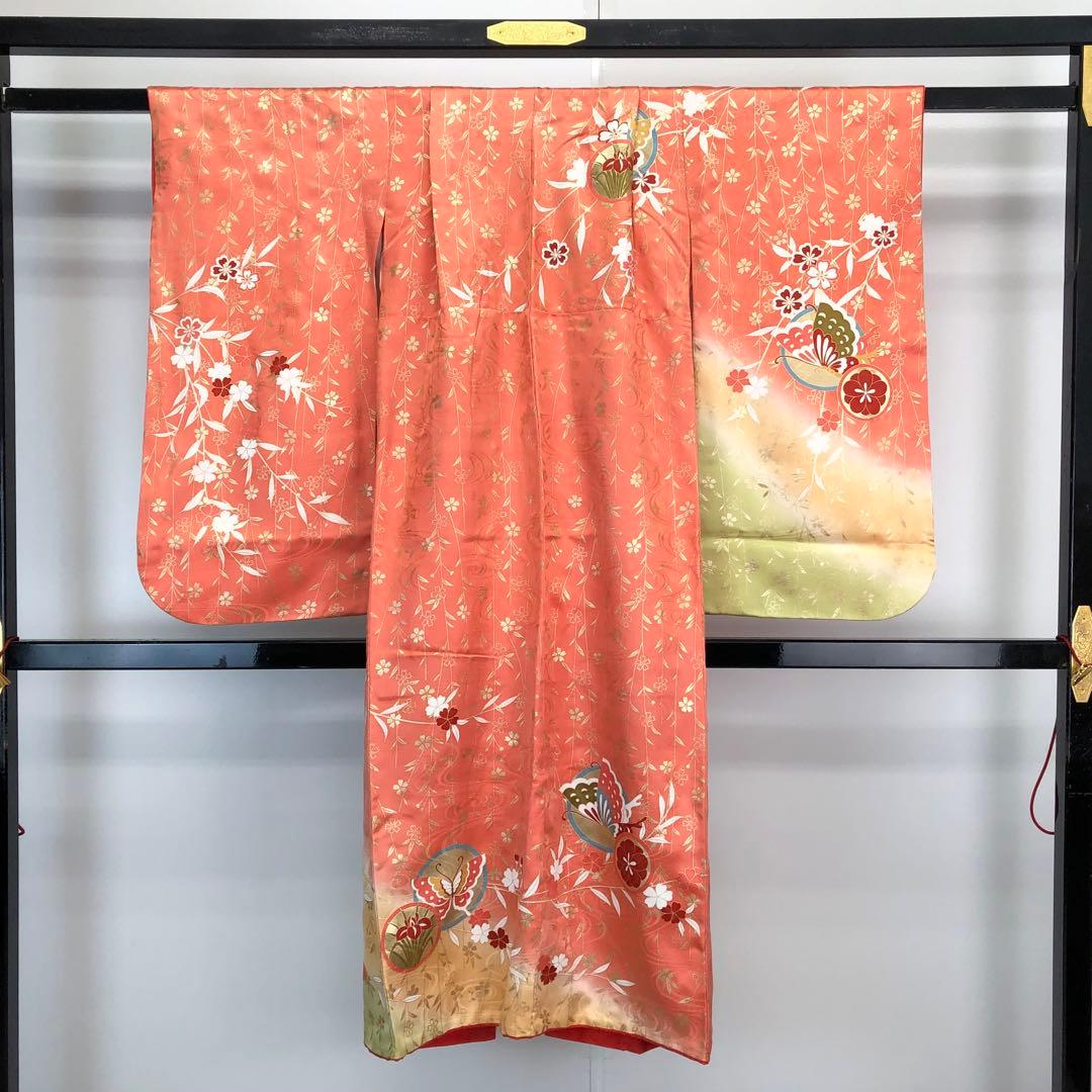 子供着物 蝶々に花柄 銀駒刺繍 サーモンピンク 七五三 7歳 CK-7302