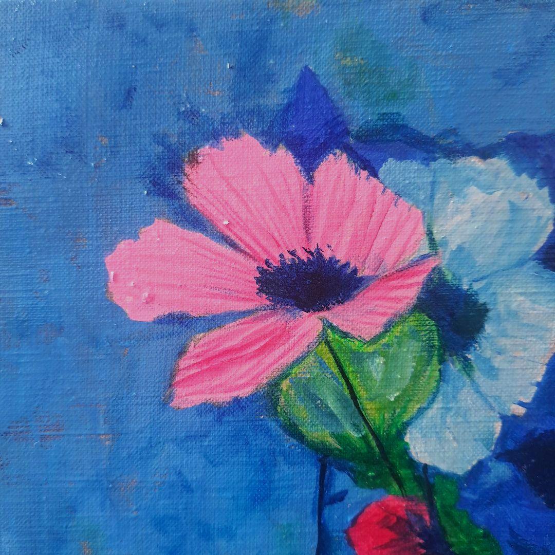 キャンバス油絵　専用　青い背景のコップに入れた野のお花　抽象静物画