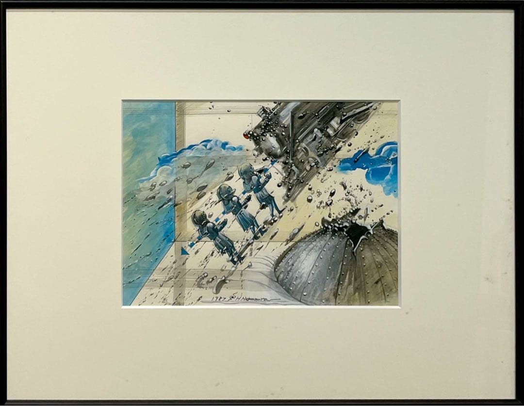 中村宏《タイトル不明》1987年 原画（鉛筆・アクリル） 額装品