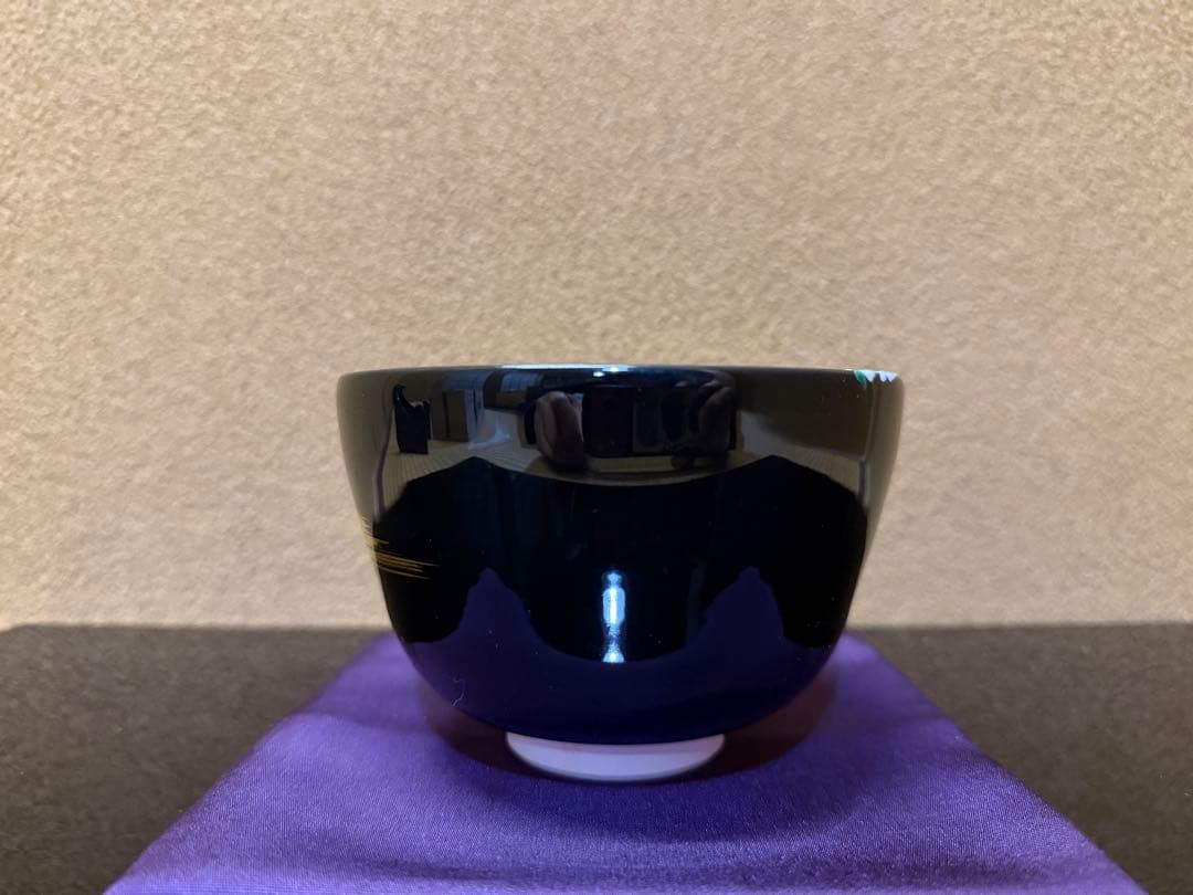 京焼　中村能久　黒釉　夜桜之図　茶碗　共箱