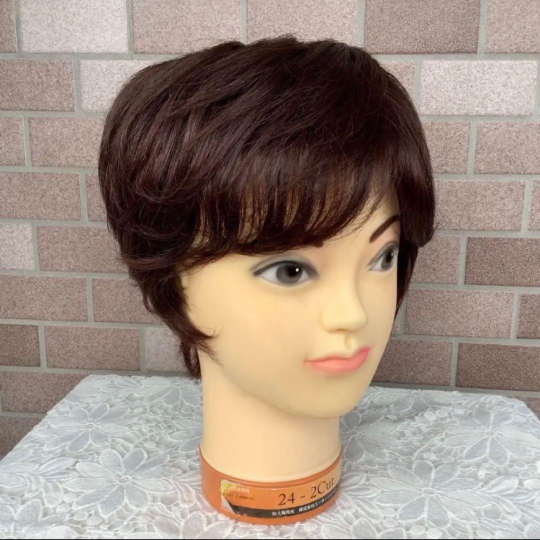 人毛100% 手植えフルウィッグ 医療ウィッグ ショートカール 茶ダークブラウン
