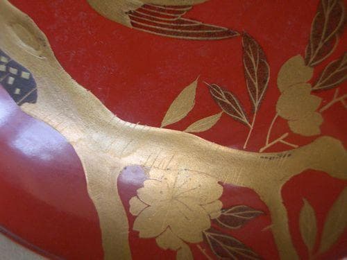 お値下げ！輪島塗 金蒔絵 花鳥 松に鶴紋様 三重盃 朱塗 漆器 盃杯 酒器