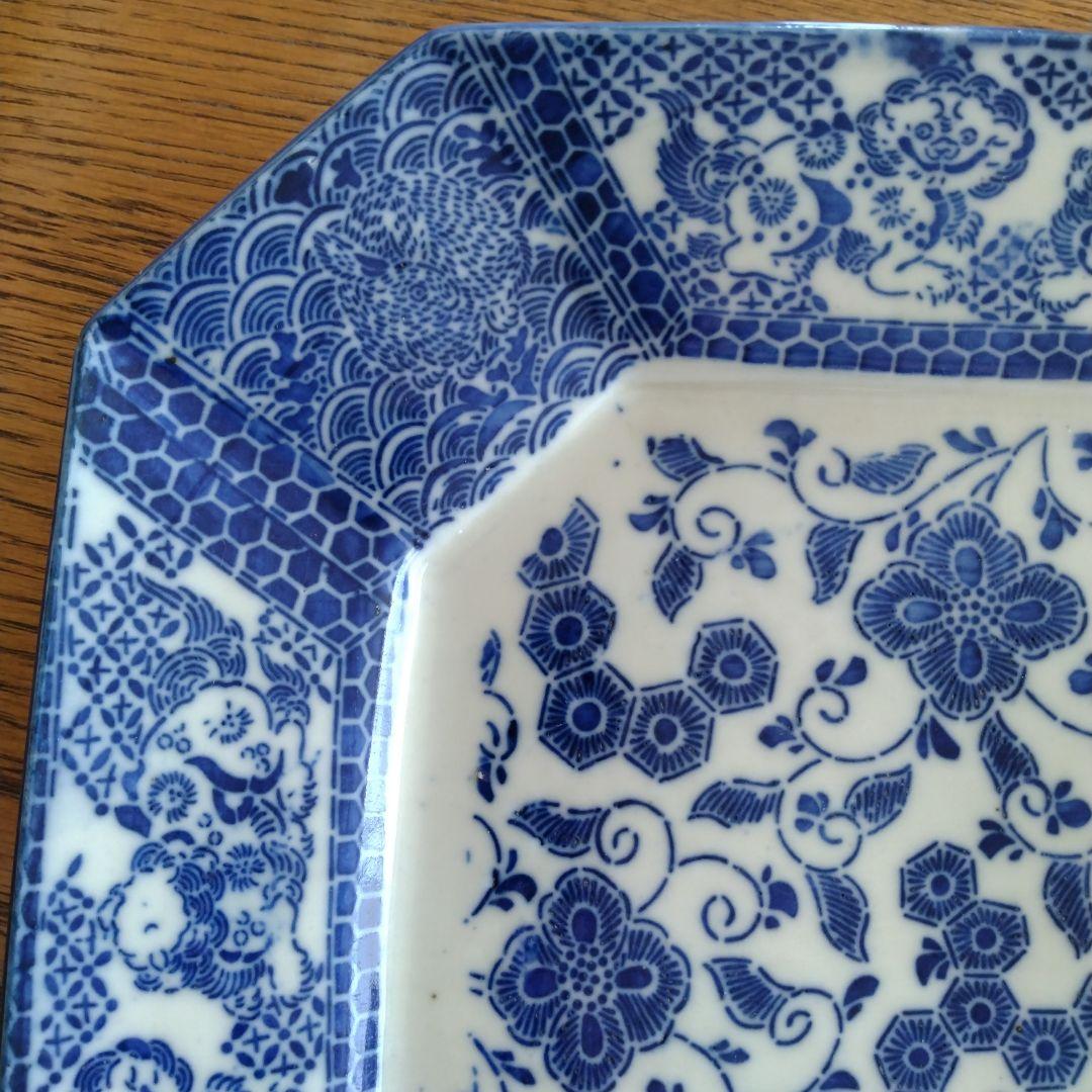 印判 隅切り 八角大皿 野兎と獅子 骨董 アンティーク