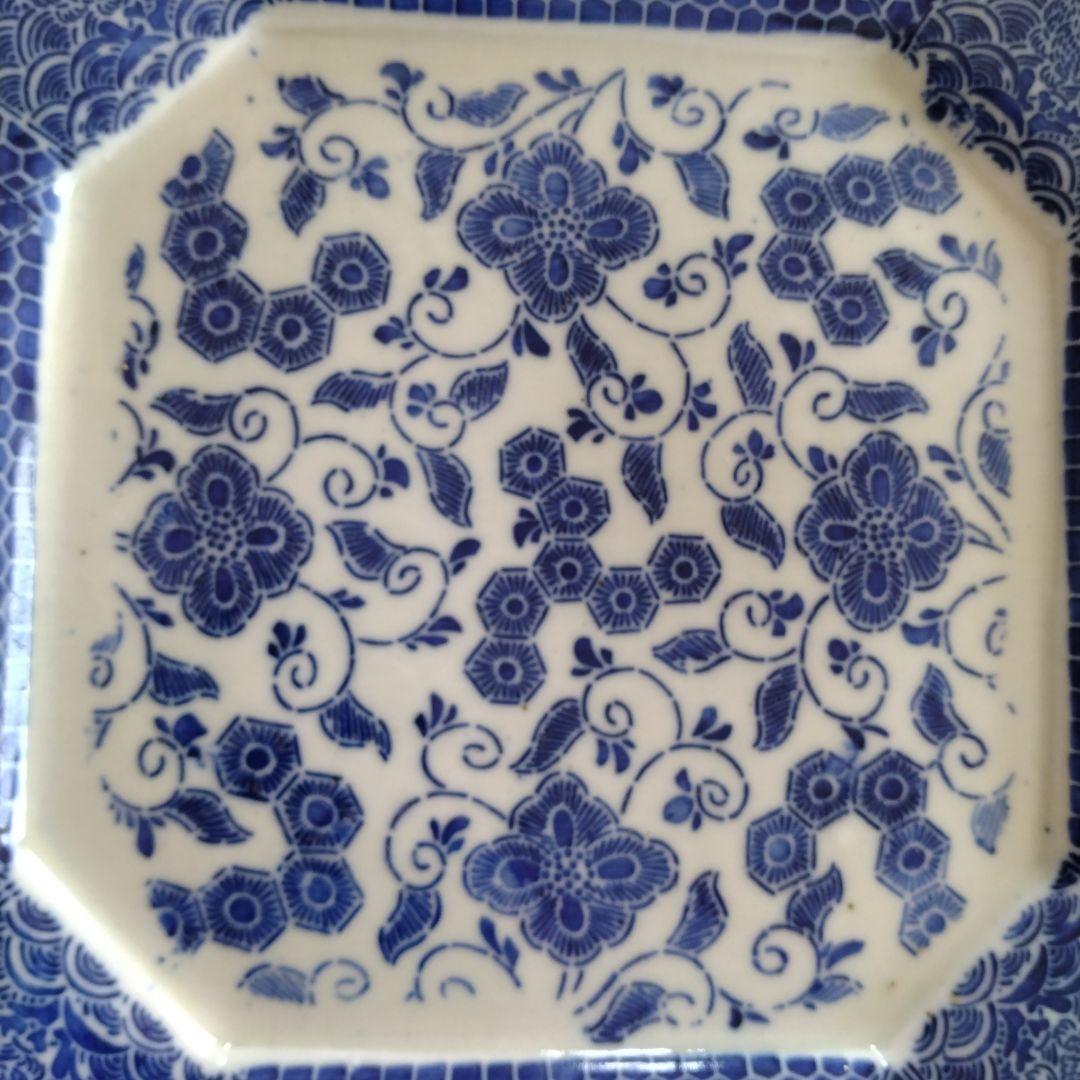 印判 隅切り 八角大皿 野兎と獅子 骨董 アンティーク