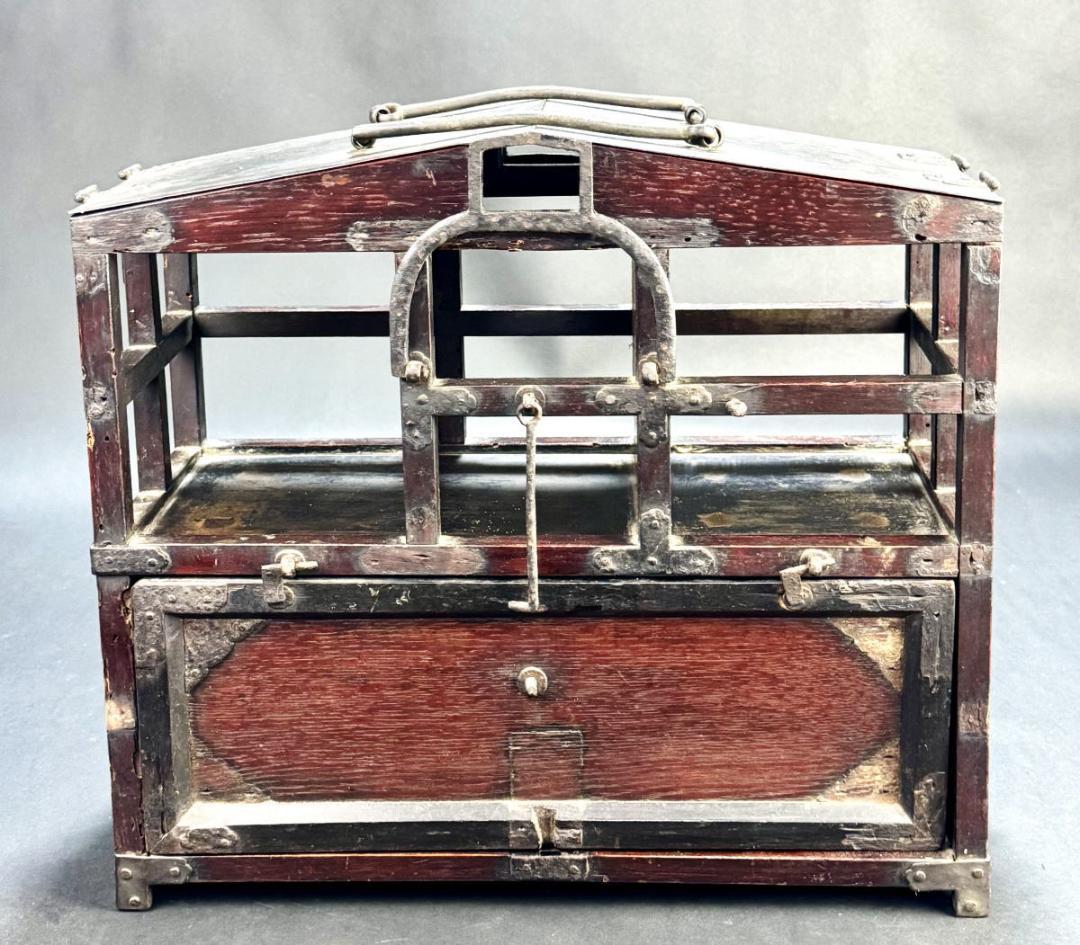 江戸時代 岡持ち 木製二段式野弁当箱 担ぎ式 茶道具 遊山箱 唐木WWWT028