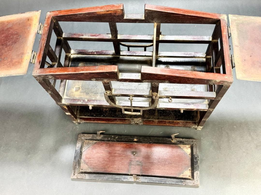 江戸時代 岡持ち 木製二段式野弁当箱 担ぎ式 茶道具 遊山箱 唐木WWWT028