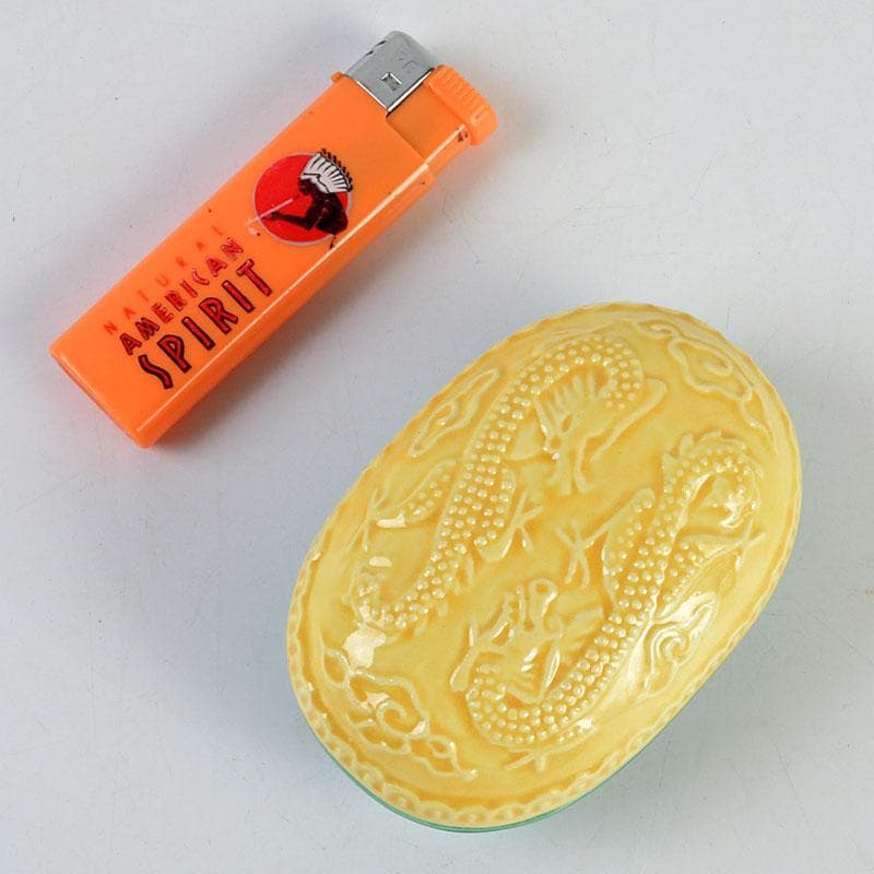 茶道具　粟田焼　岡田佳山作　黄交趾小判龍　香合　共箱　V　9523