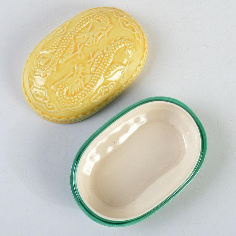 茶道具　粟田焼　岡田佳山作　黄交趾小判龍　香合　共箱　V　9523